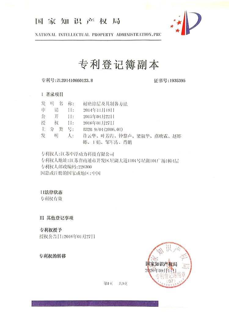 专利登记簿副本